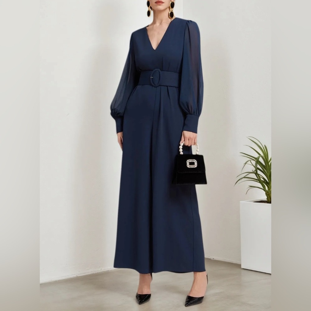 Elegant Navy Long Sleeve Jumpsuit with Belt